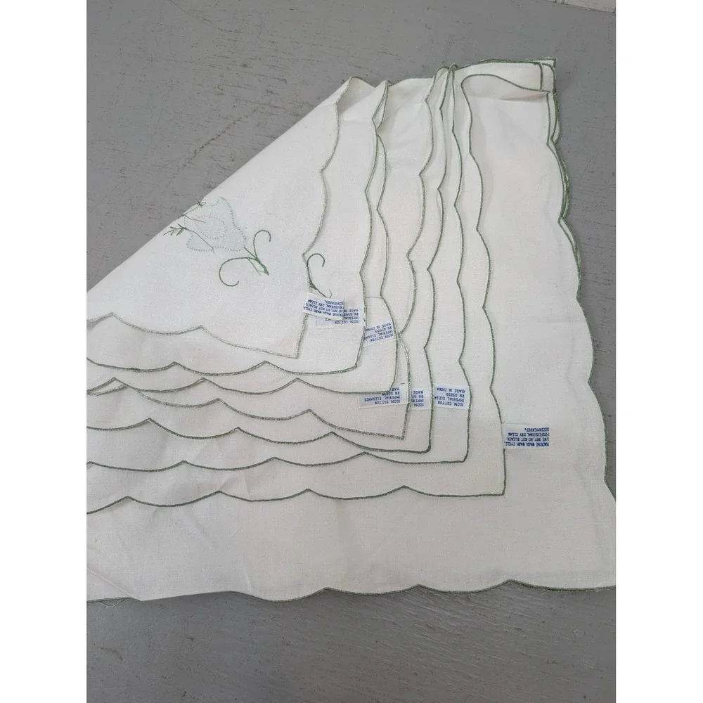 Imperial Elegance Floral Embroidered Napkins Scalloped Edge White Cotton Lot 8